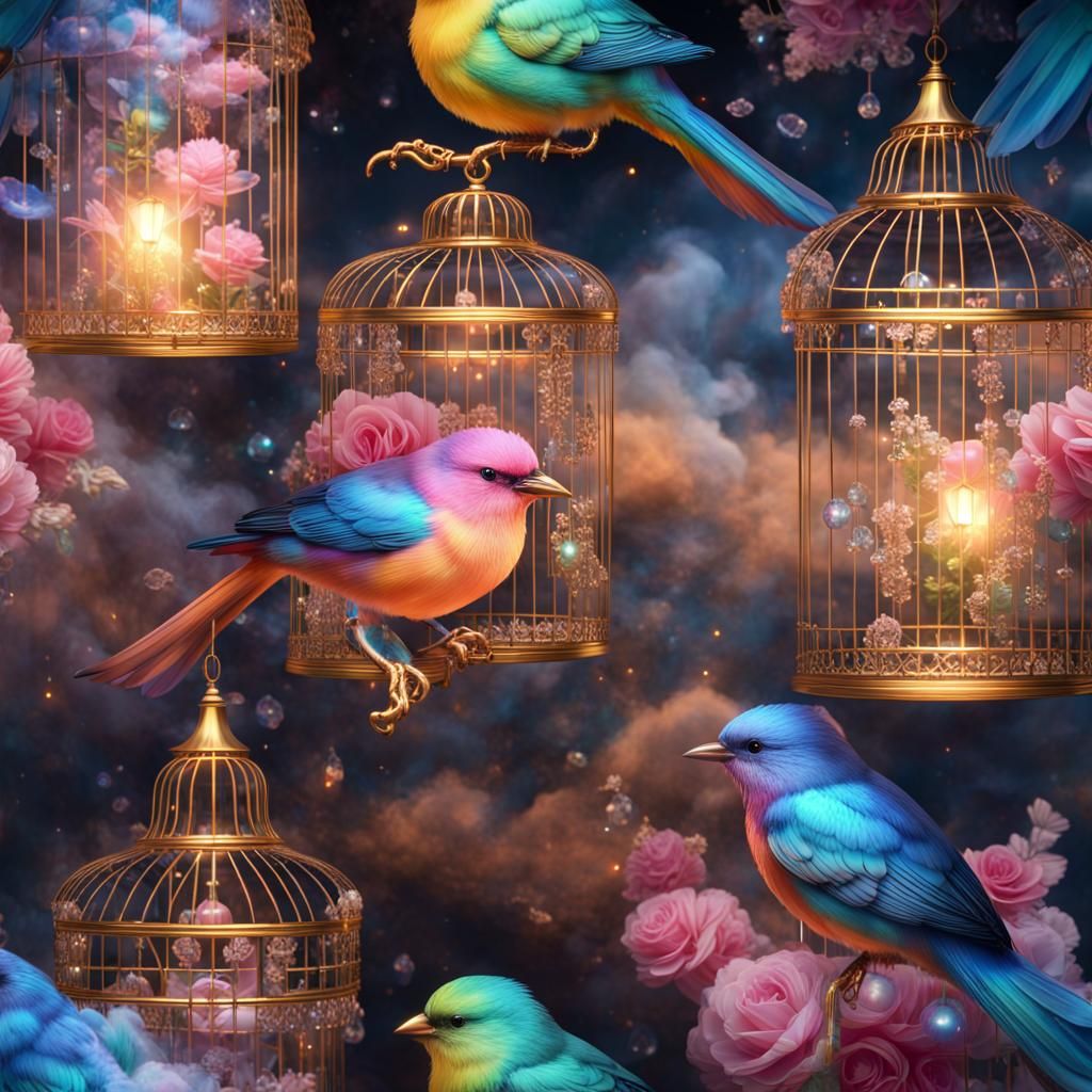 Bioluminescent Crystal Birds in a Fantasy Setting