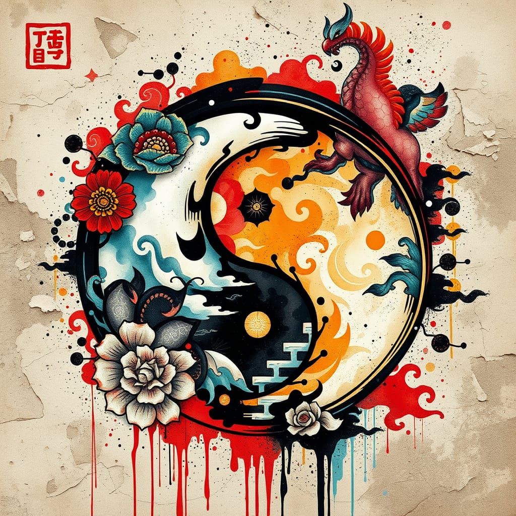 Dynamic Yin Yang Graffiti with Watercolor and Ink
