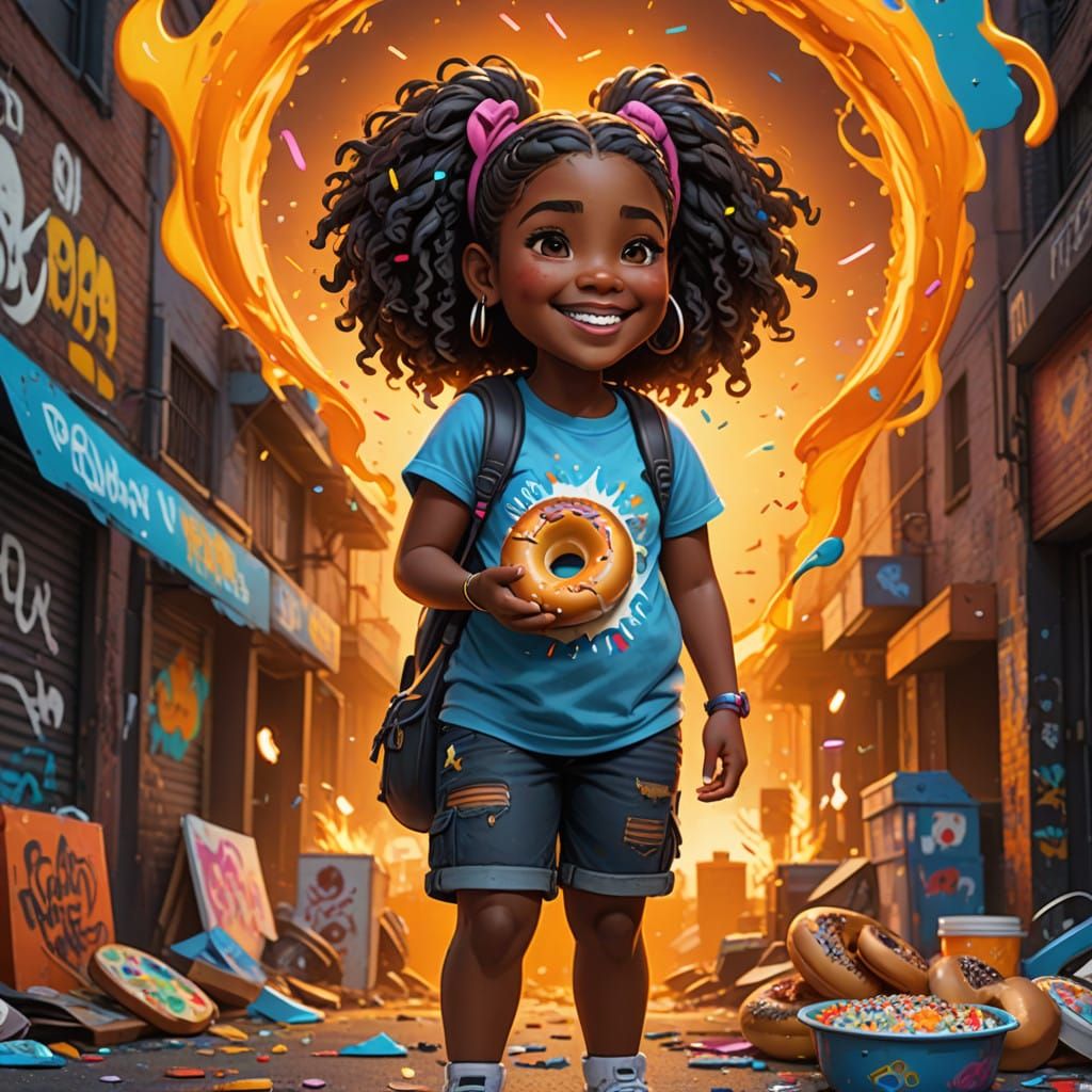 Urban Playful Girl Enjoys Toasted Bagel in Vibrant Street Ar...