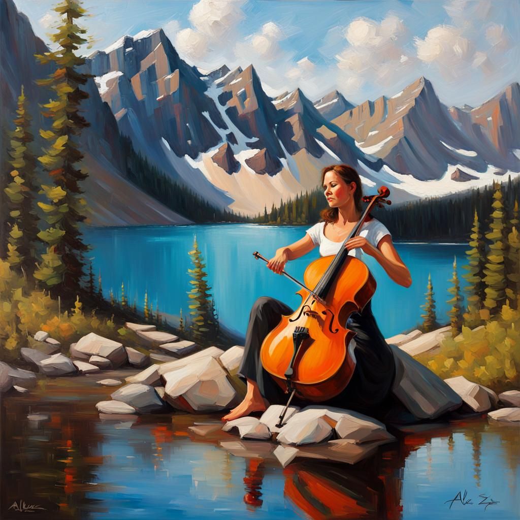 Cellist woman playing, Moraine Lake in Canada