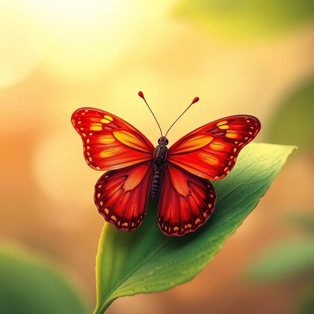 Red Butterfly on Leaf, Dreamy Art Style