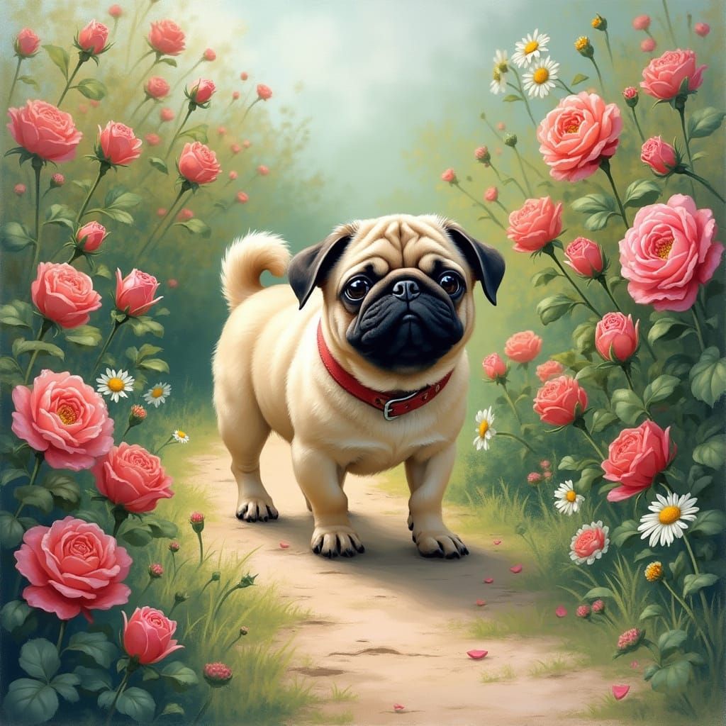 Pug in Flower Garden Realistic Impressionist Style