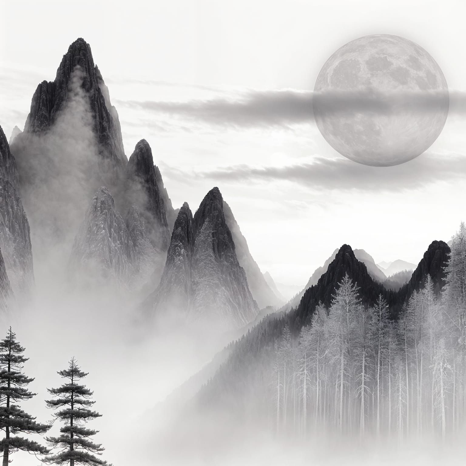 Monochromatic Sumi-e Ink Painting of a Tranquil Mountainous ...