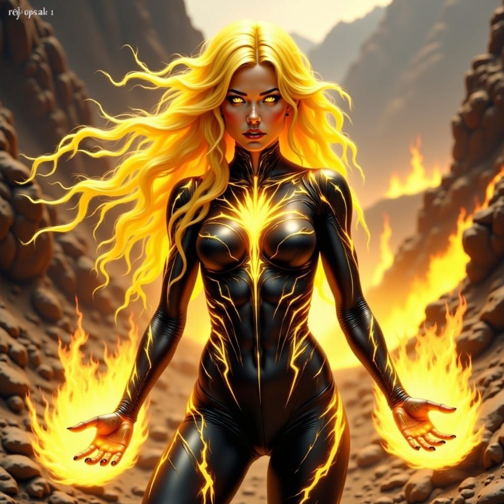 Sulfur Goddess Summons Flames in Digital Art