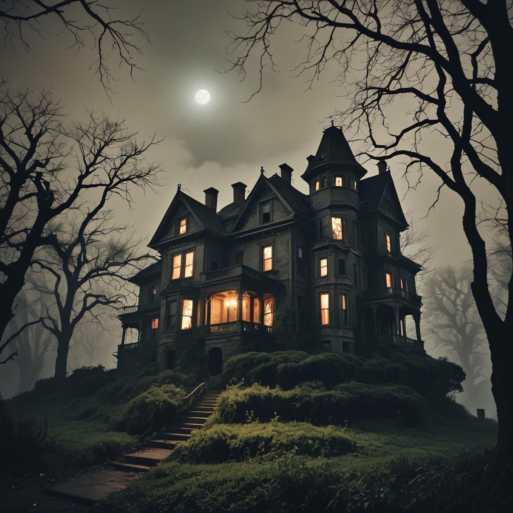 Creepy Mansion on Haunted Hill at Midnight