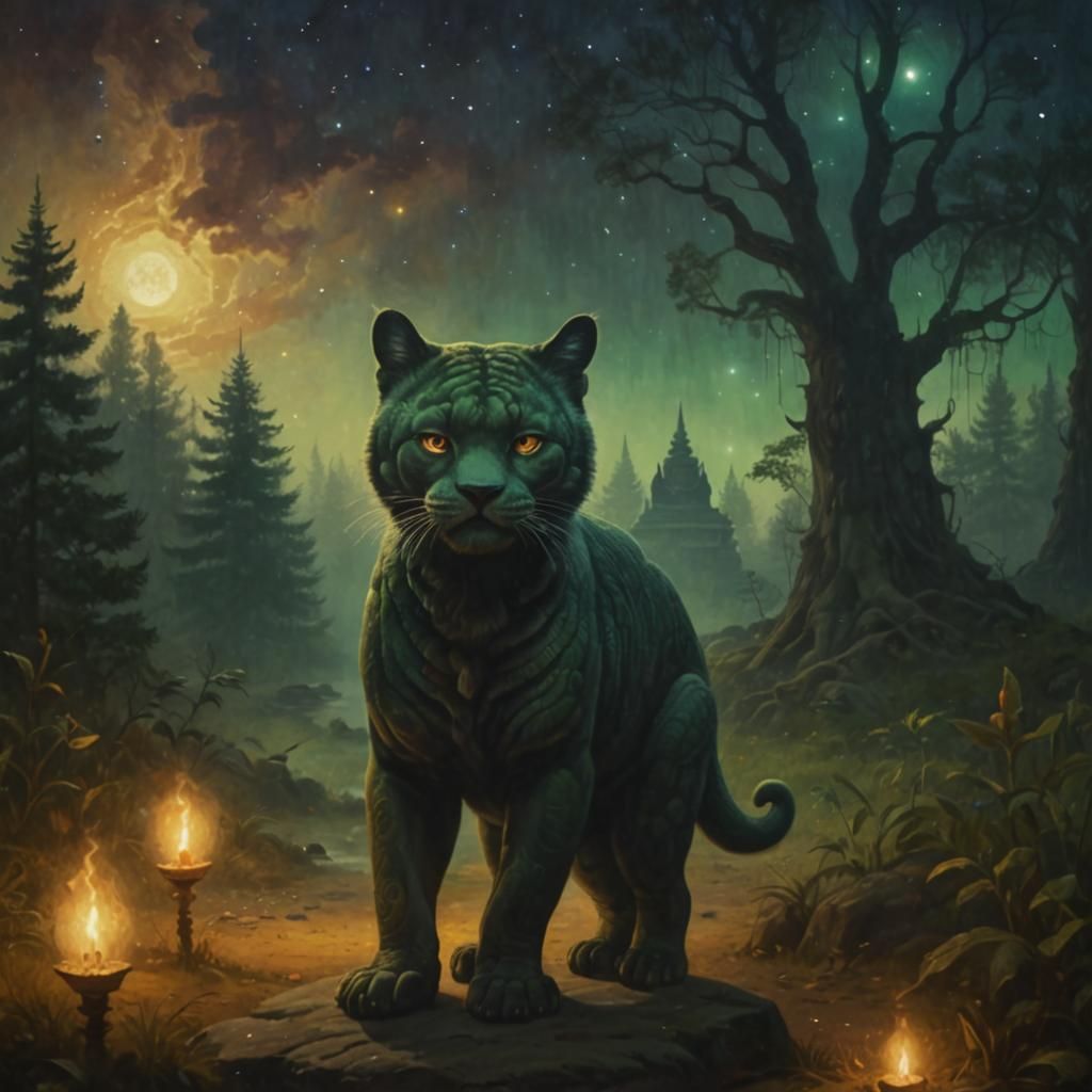 Surreal Cat God in Moonlit Night: Oil Painting