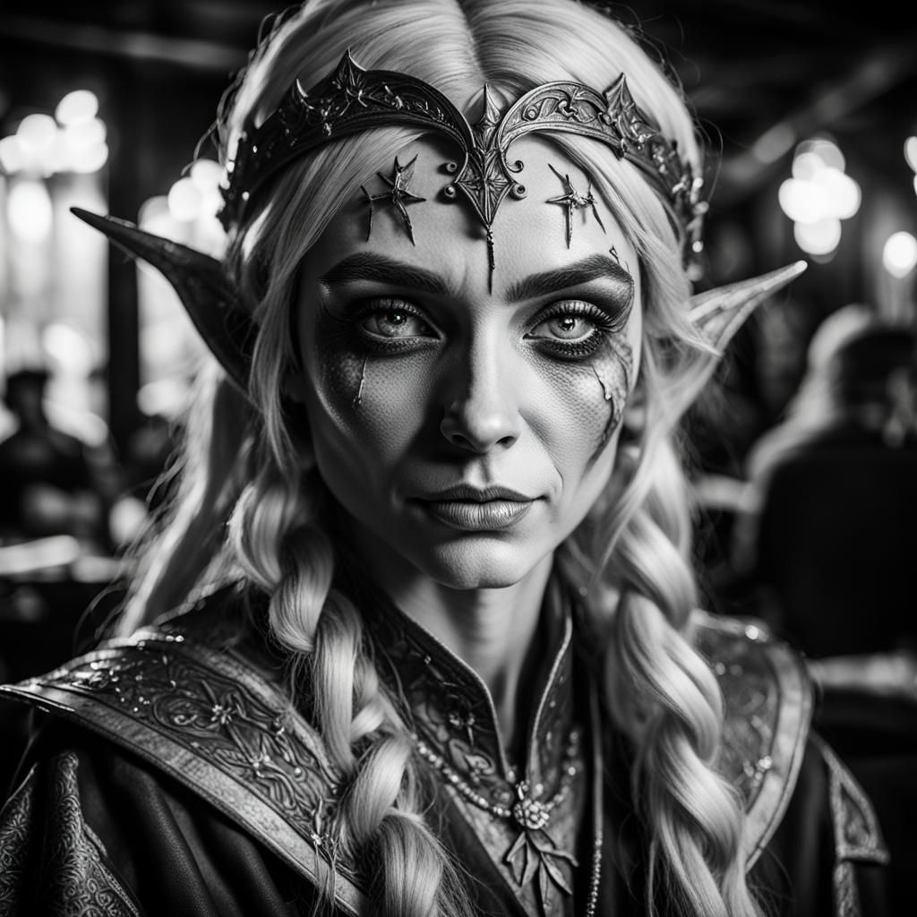 Flamboyant Elf Wizard Portrait in Black and White