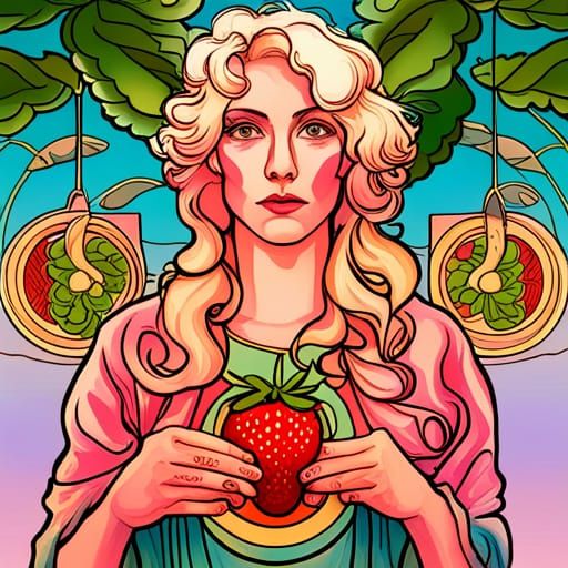 Strawberry Tarot Card in Art Nouveau Style