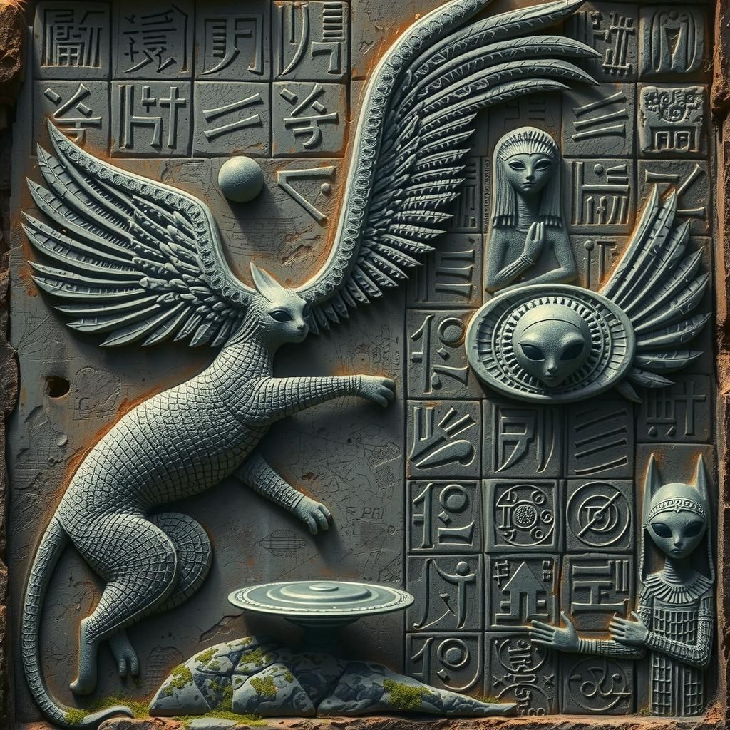 Sumerian Hieroglyphics with Winged Cats and Alien Figures
