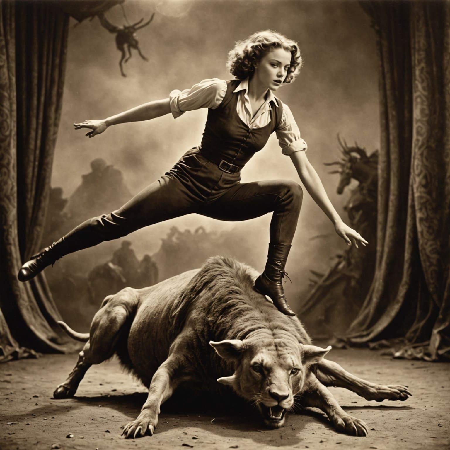 Dancing Contortionist and Animal in Sepia Vintage Photo Styl...