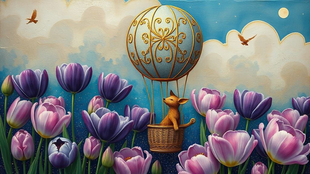 Surreal Hot Air Balloon Scene with Woodland Creature