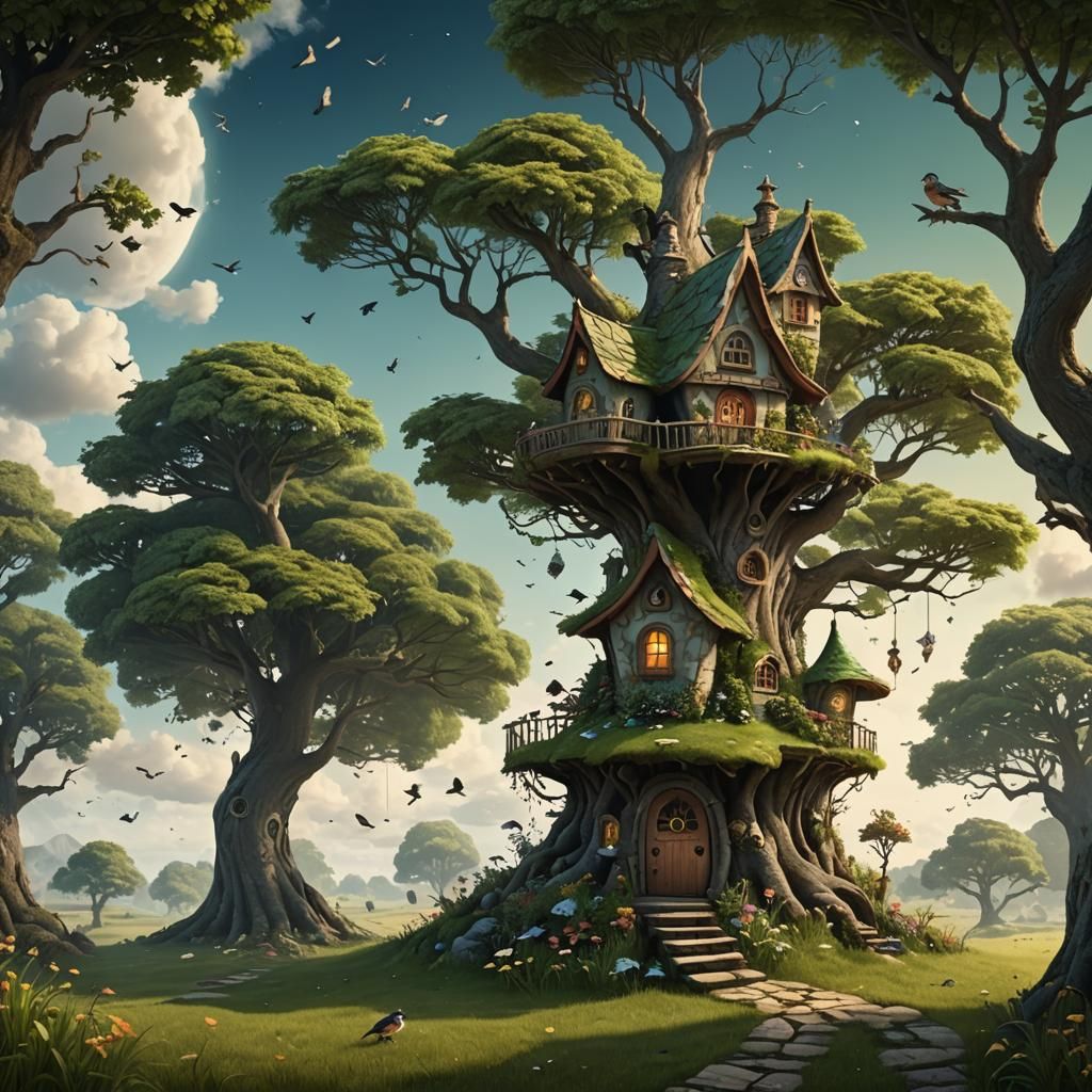 A fairy house with a quiet tree, grass and birds in the sky, no background. detailed matte painting, deep color, fantast...
