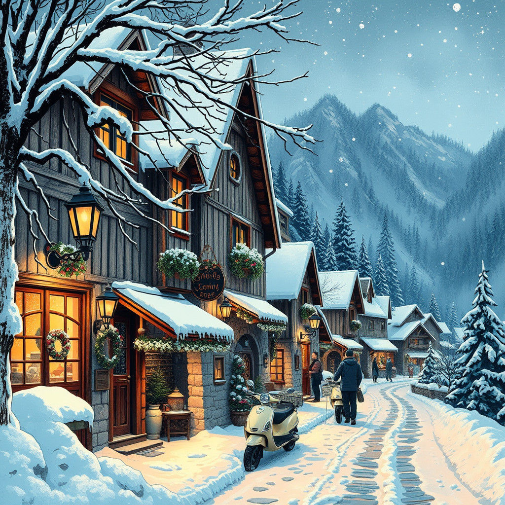 Cozy Winter Village in Snowy Ink Landscape