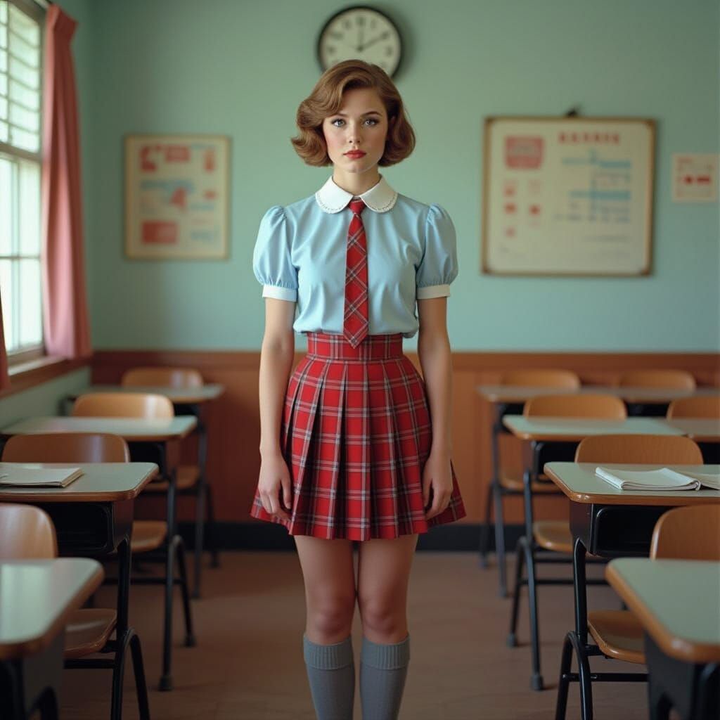 Man in Schoolgirl Outfit in Classroom, Vintage Film Style