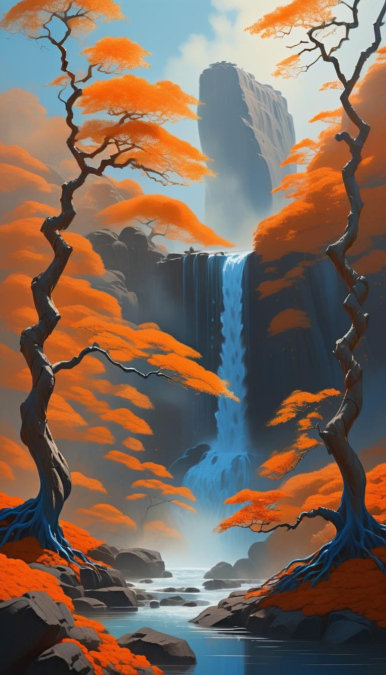 Surreal Bonsai Tree at Waterfall in Dreamlike Landscape