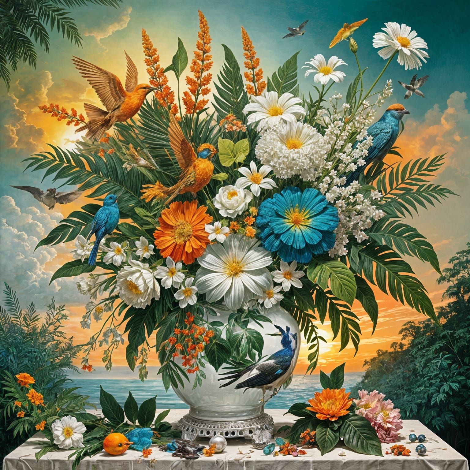 Ornate Vase of Summer Flowers Illustration