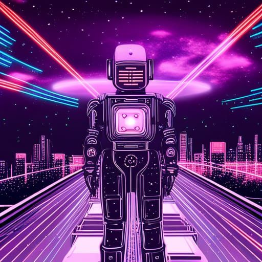 Robot in Space with Tokyo Lights, Synthwave Style