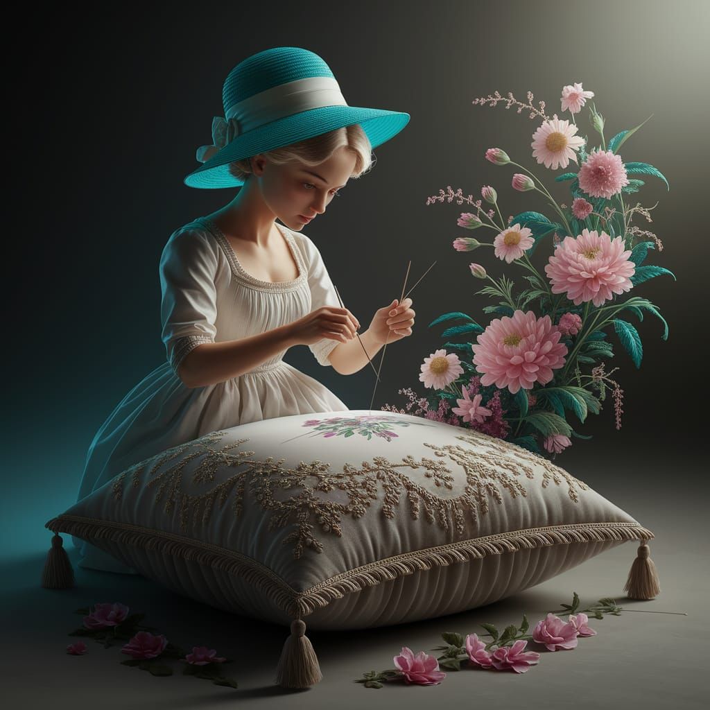 Surreal Digital Art of Miniature Woman with Intricate Floral...