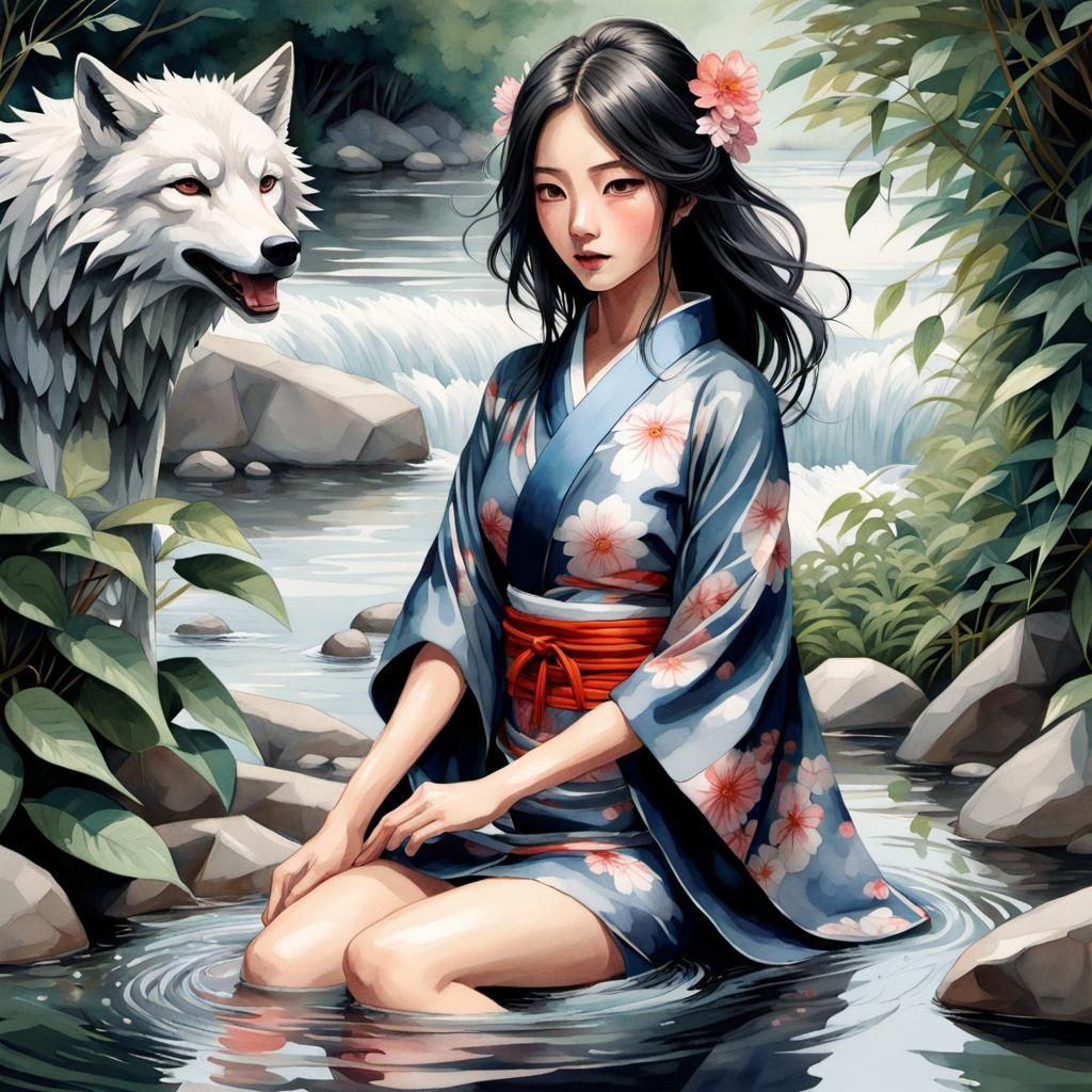 Anime Woman Washing Clothes by River with Wolf