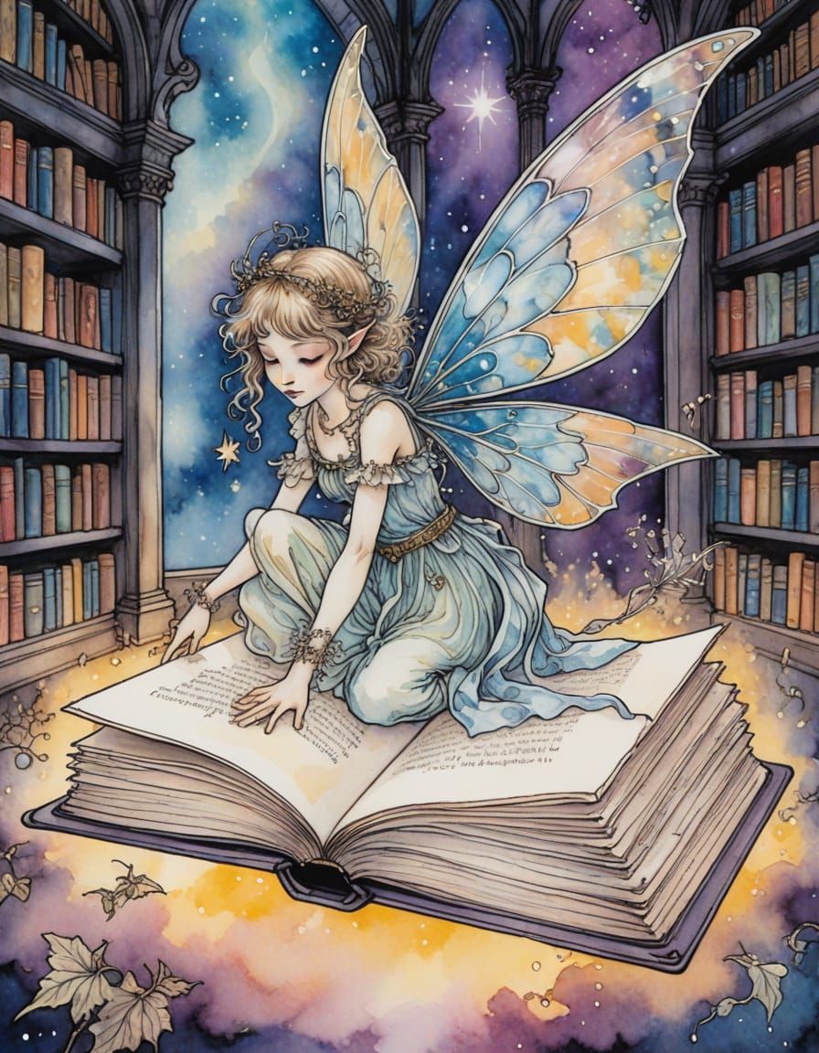 Celestial Fairy in Enchanted Library, Watercolor Painting