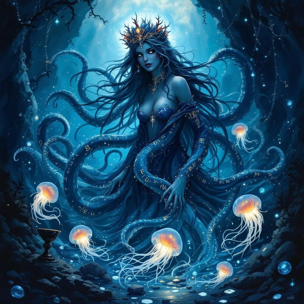 Ocean Sorceress with Bioluminescent Jellyfish in Fantasy Sty...