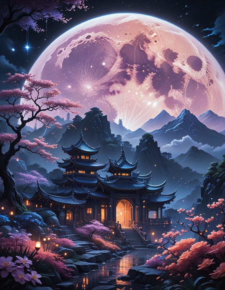 Serene Fantasy Landscape Under a Dreamy Full Moon
