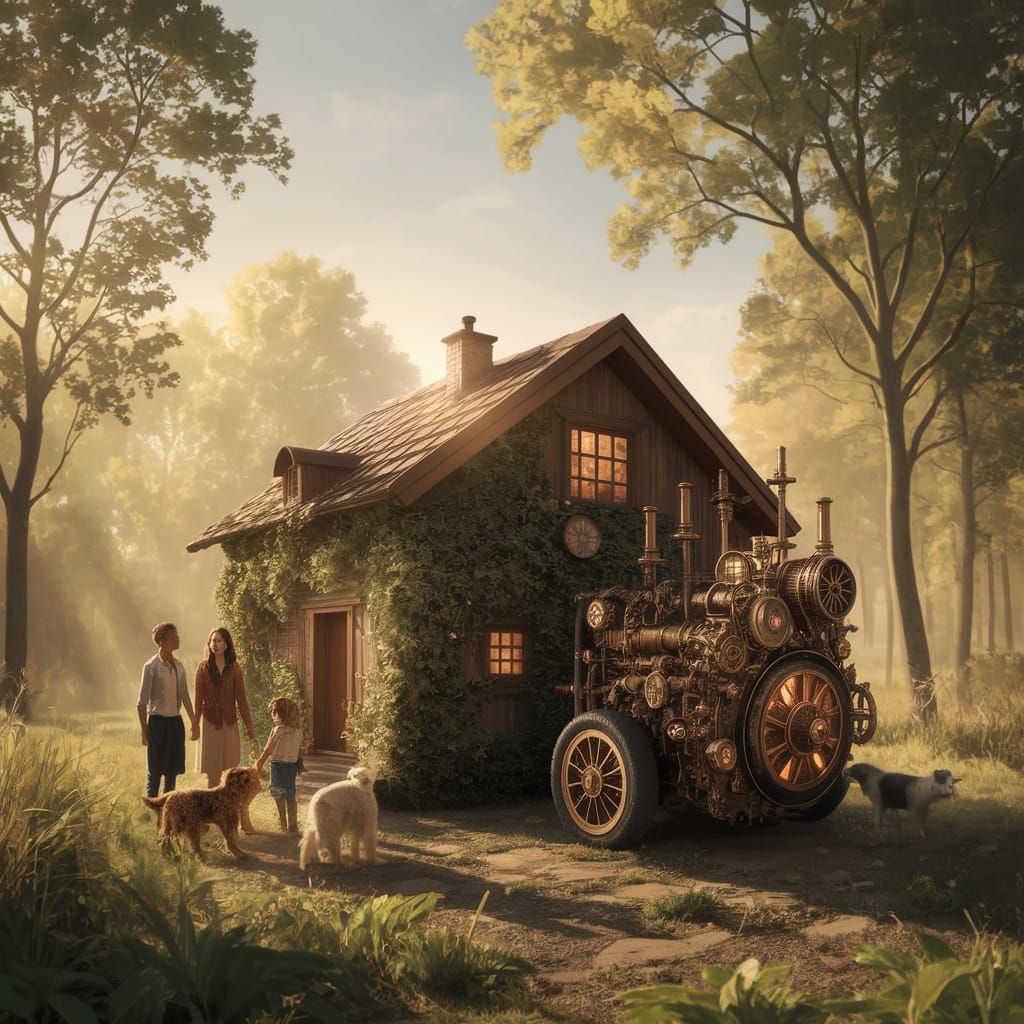Sustainable Steampunk Abode in Sunlit Nature Oasis