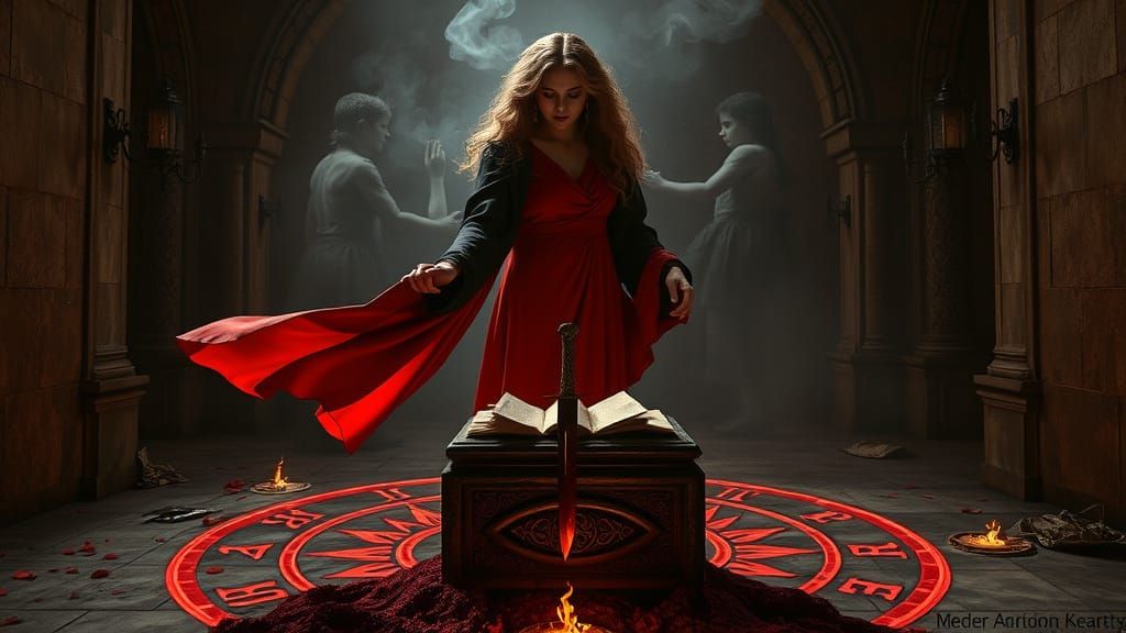 Medea's Dark Ritual with Bloody Dagger