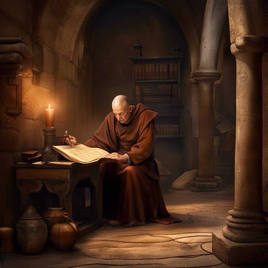 A catholic monk, sitting at a small old desk, reading scrolls, in a small stone room, scrolls and books on the floor,, a...