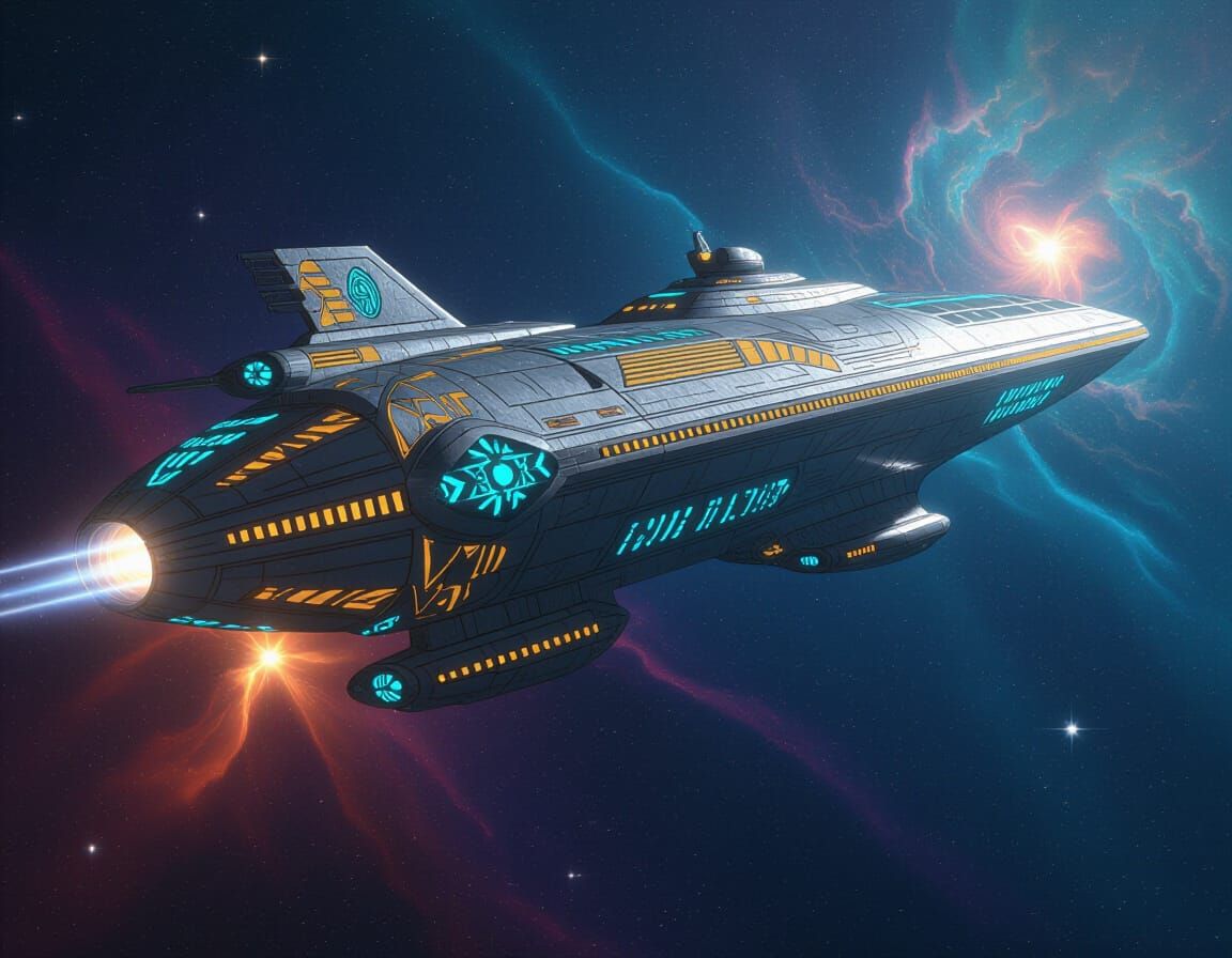 Art Deco Spaceship in Bioluminescent Nebula