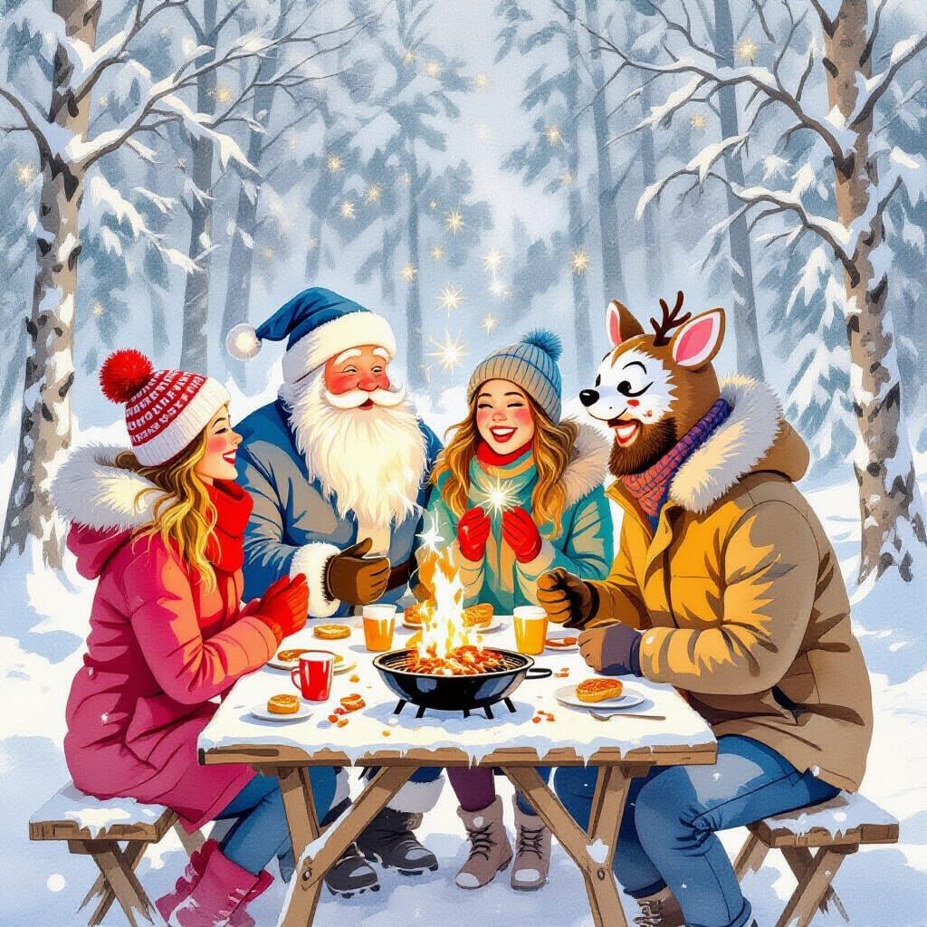 Festive Winter Gathering in Snowy Forest, Soviet Caricature