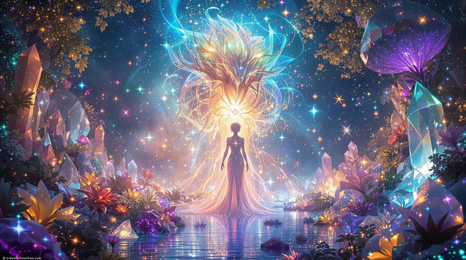 Mystical Being in Bioluminescent Crystal Realm