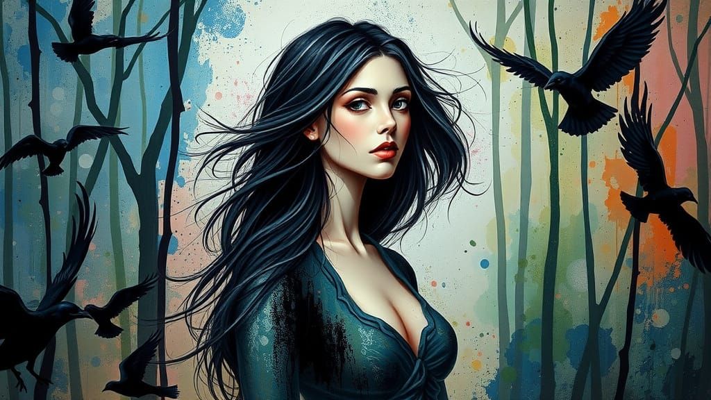 Mystical Woman in Abstract Forest Painting