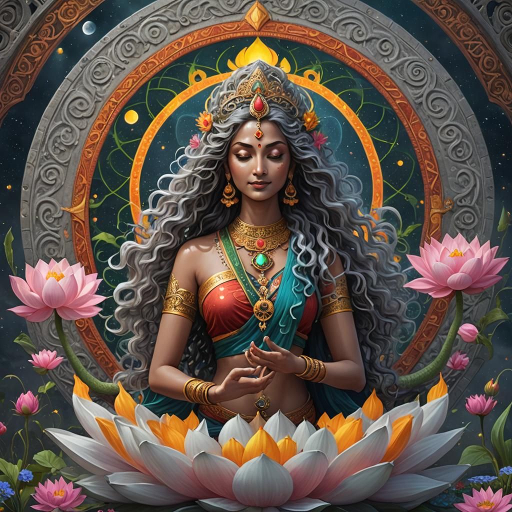 Hindu Goddess with Snakes, Lotus, and Cosmic Elements