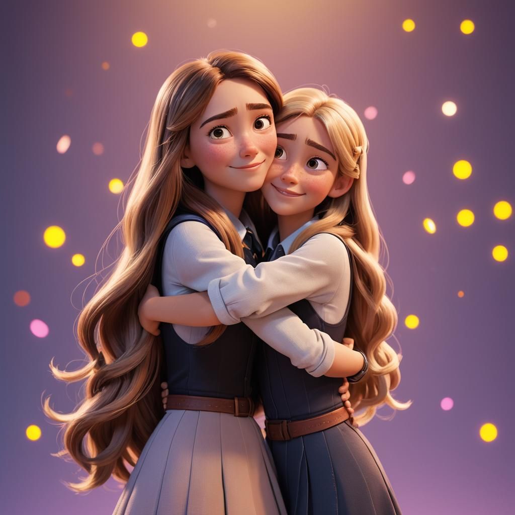 Two Young Girls Hugging: 3D Digital Art