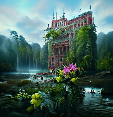 Palace by River with Forest Flowers in 3D
