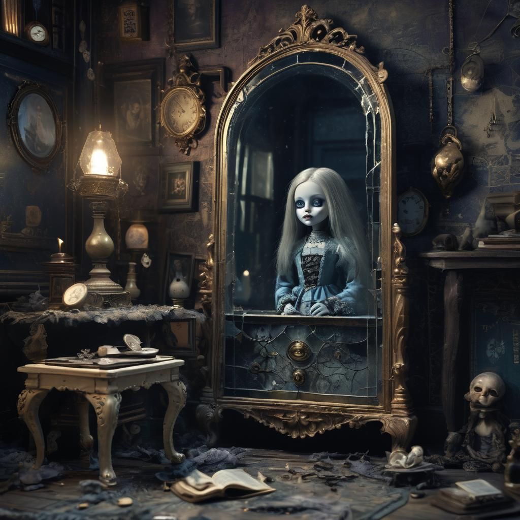 Eerie Gothic Mirror Reflecting a Cracked Porcelain Doll