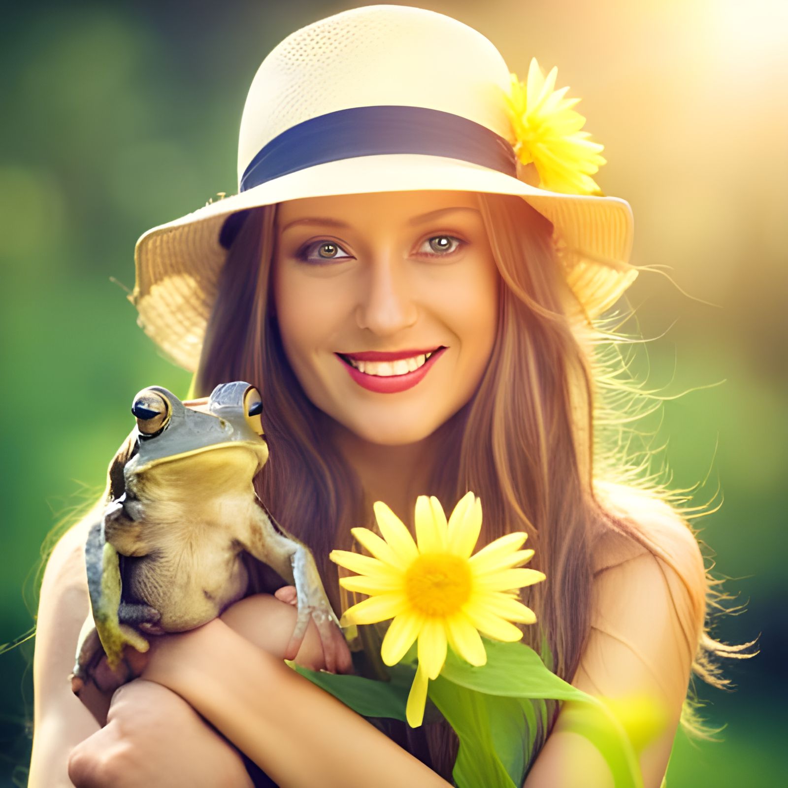 Happy Woman with Pet Frog in Sunny Garden