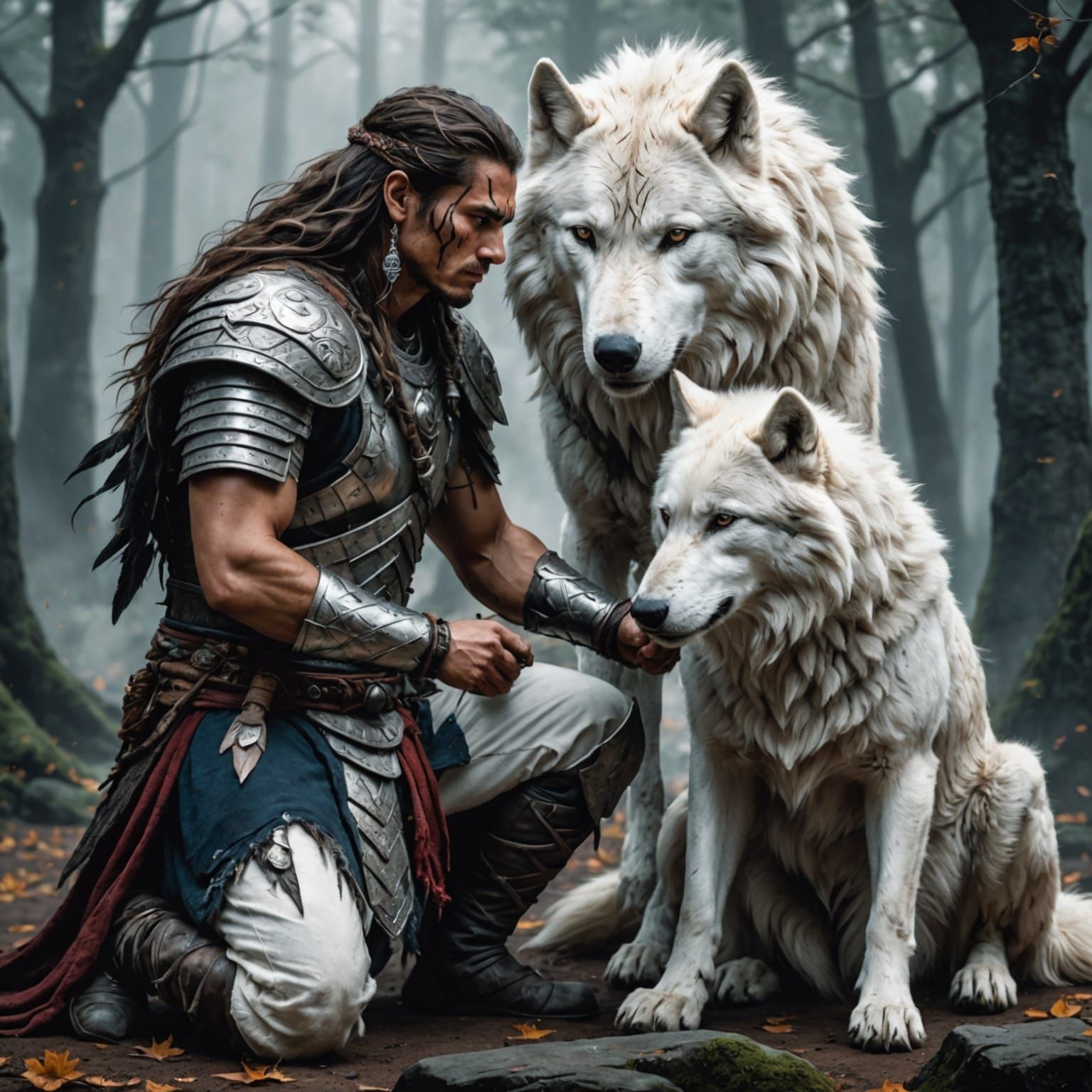 Warrior and White Wolf: Ink Painting Portrait