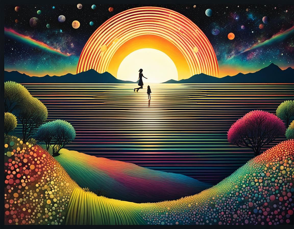 Multicoloured Surrealist Fairy Castle at Sunset