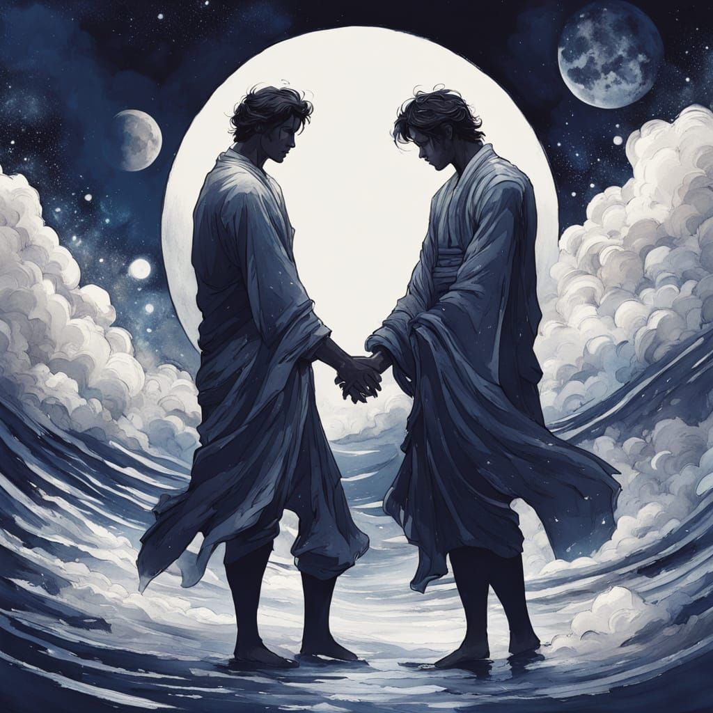 Gay Couple Embracing in Ethereal Japanese Aesthetic