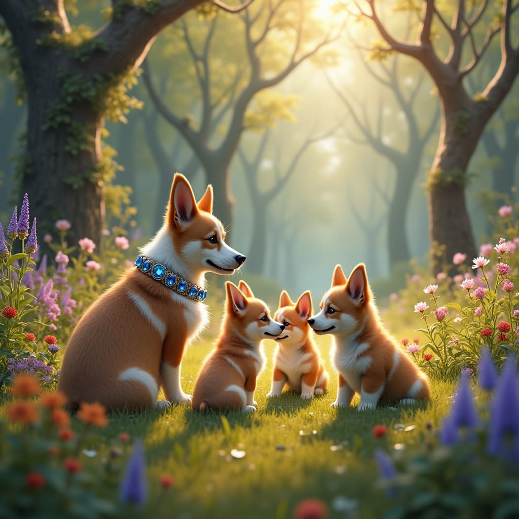 Corgi Mother and Puppies in Enchanted Meadow