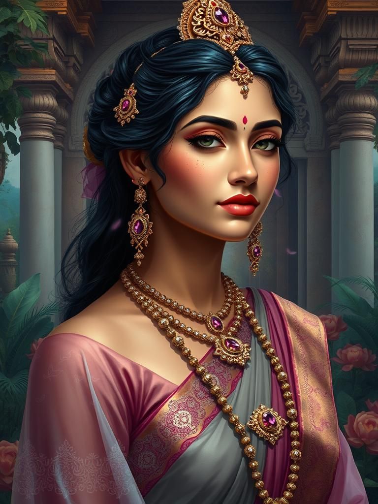 Elegant Hindu Princess in Vibrant Temple Garden