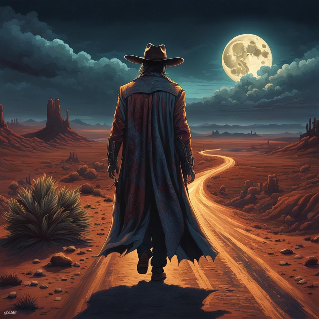 Demonic Cowboy Hitchhiking on Desert Highway
