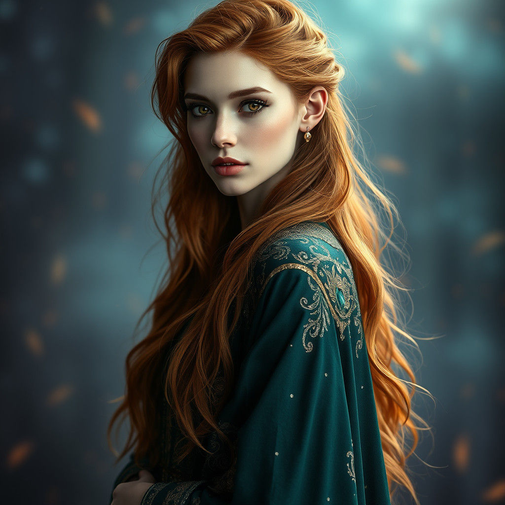 Fantasy Sorceress with Flowing Auburn Hair in Mystical Realm