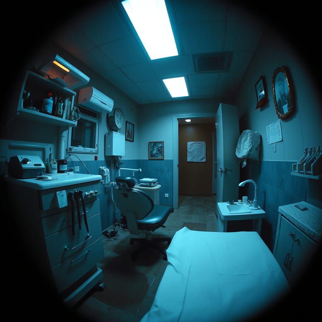 Grotesque Dentist Office Nightmare in Dramatic Fisheye Style