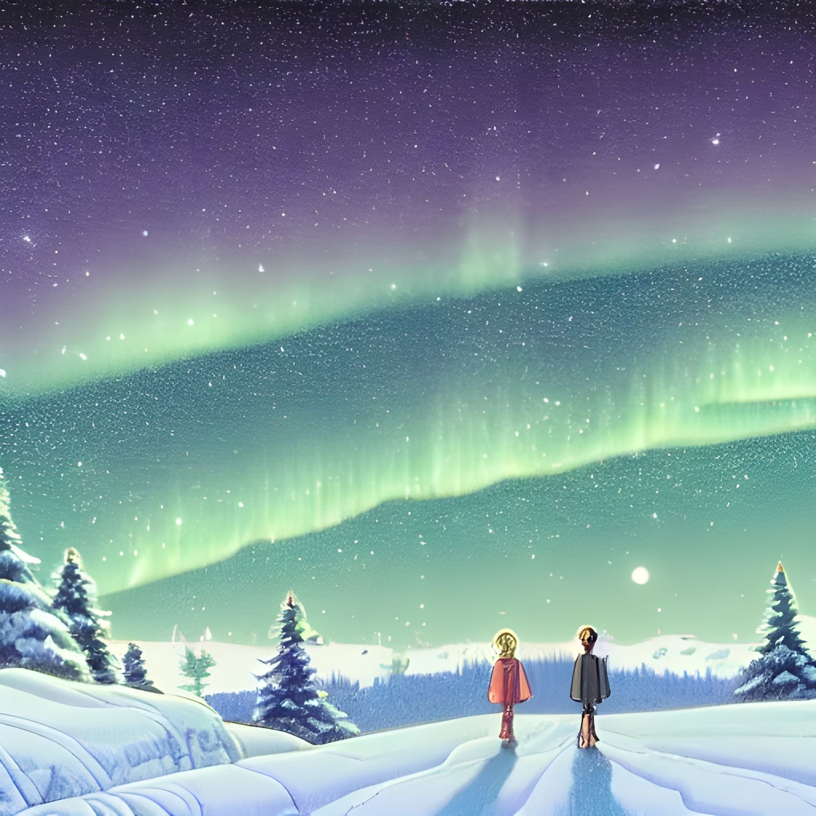 Platinum Stars Fall on Aurora Winter Night