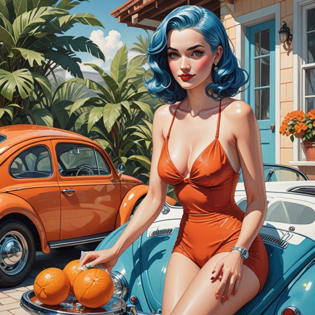 Retro Pin-Up Poster of Woman Washing a VW Beetle