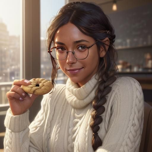 Smiling Woman with Braided Hair Enjoying Cookies