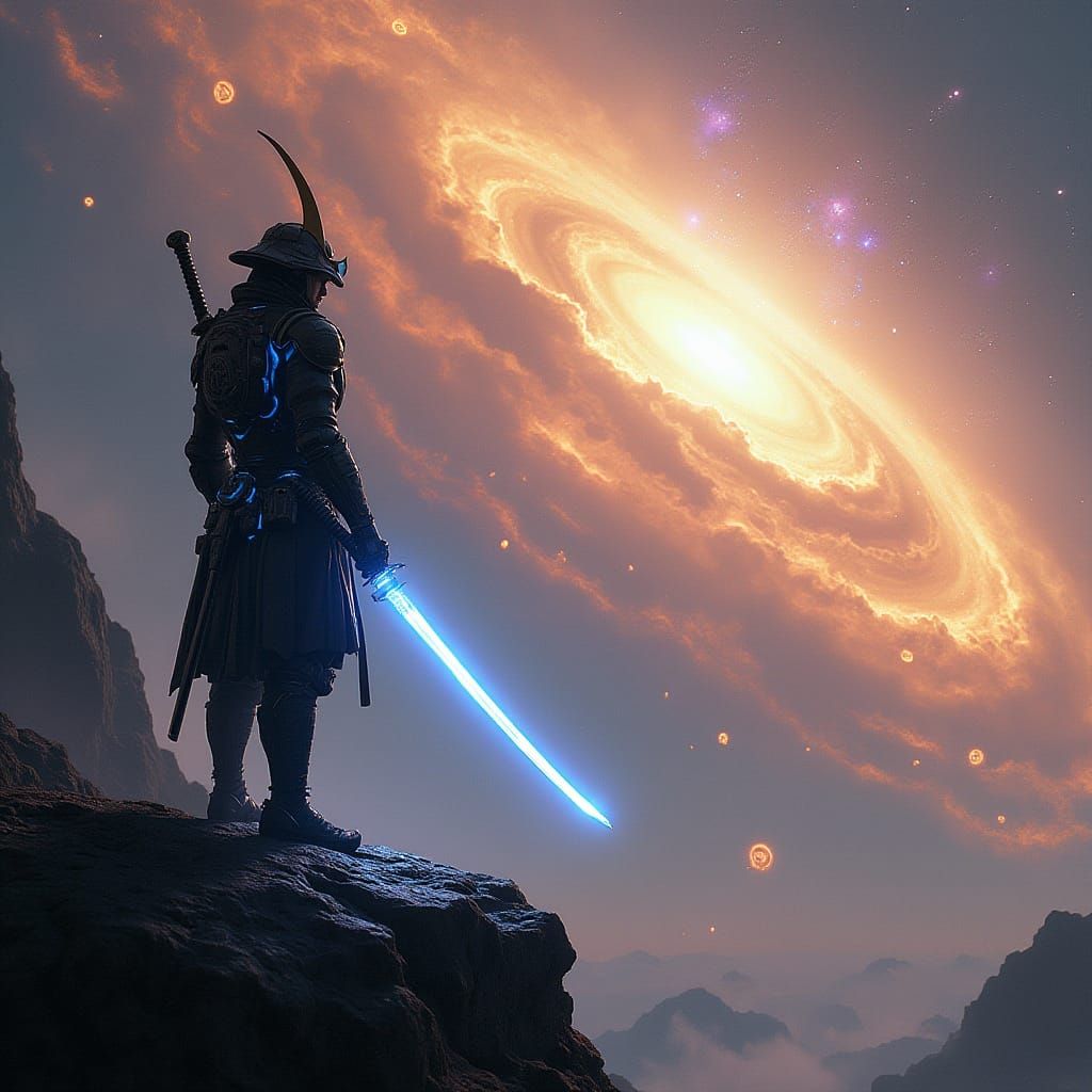Cyberpunk Samurai Stands on Celestial Edge